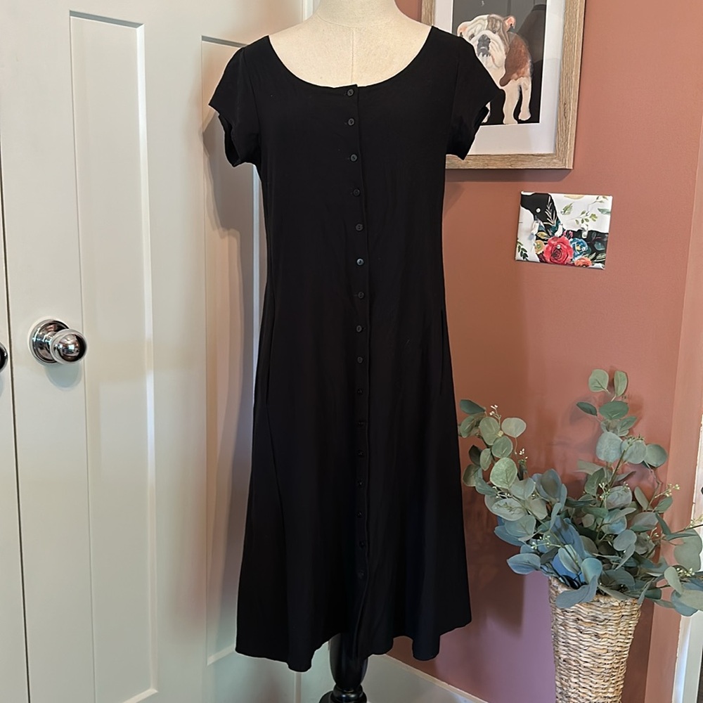 Eileen Fisher black rayon blend full button up pockets capped sleeves S dress